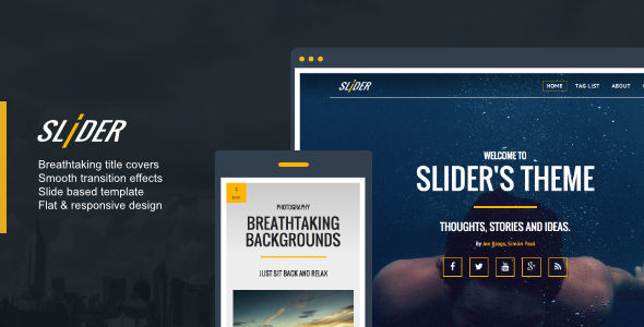 Slider by 7immer is a Ghost theme which features fully responsive layouts, Google Fonts support, clean design, can be used for your portfolio, is great for your personal site, blogging related layouts and optimizations and  flat design aesthetics.