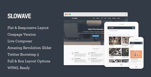 Slowave by Tommusrhodus is a WordPress theme which features Retina display support, parallax elements, Mega Menu, one page layouts, fully responsive layouts, search engine optimization, Google Fonts support, Revolution Slider, clean design, Bootstrap framework utilization, support for photo galleries, can be used for your portfolio, magazine style layouts, corporate style visuals, bold design elements, flat design aesthetics and a grid layout.