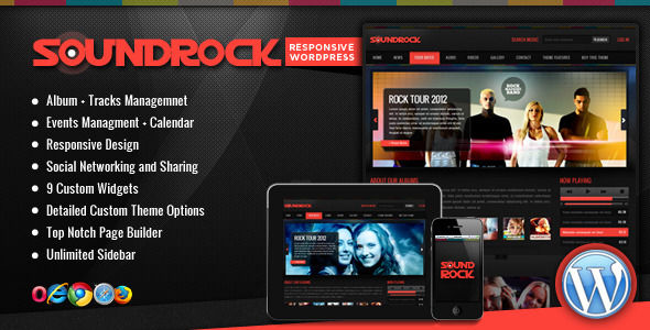 Sound Rock by Chimpstudio is a WordPress theme for bands which features fully responsive layouts and Revolution Slider.