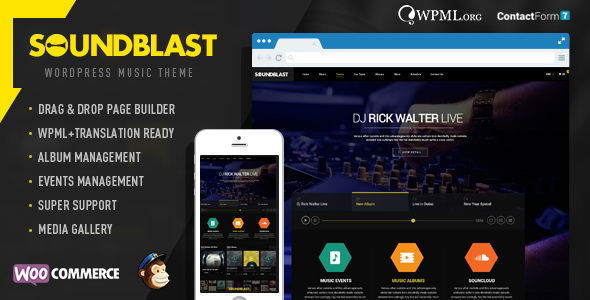SoundBlast by Chimpstudio is a WordPress theme for bands which features fully responsive layouts, Revolution Slider, WooCommerce integration and Bootstrap framework utilization.