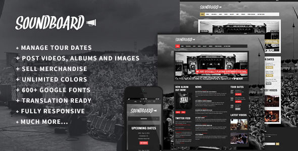 Soundboard by Red_sun is a WordPress music theme which features fully responsive layouts, search engine optimization, Google Fonts support, WooCommerce integration and a grid layout.