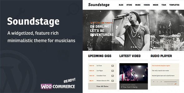 Soundstage by Mintthemes is a WordPress theme for bands which features support for RTL languages, fully responsive layouts, WooCommerce integration and clean design.
