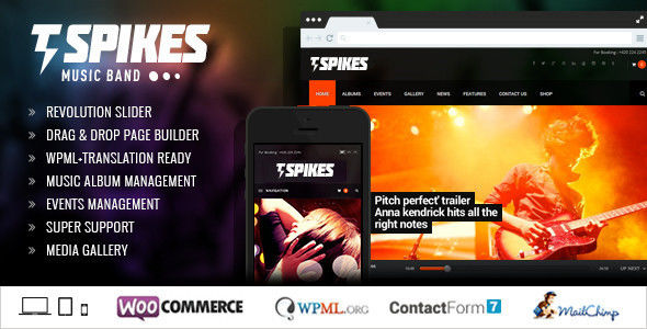 Spikes by Chimpstudio is a WordPress music theme which features support for RTL languages, fully responsive layouts, Revolution Slider, WooCommerce integration and Bootstrap framework utilization.