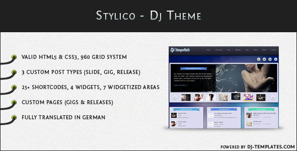Stylico by Radykal is a WordPress theme for DJs which features magazine style layouts and a grid layout.