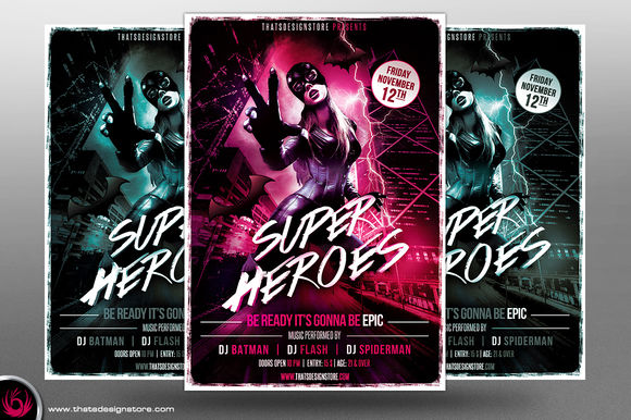 Superheroes Night Flyer Template by ThatsDesign is available from CreativeMarket for $9.