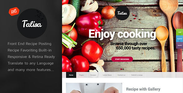 Talisa by ProgressionStudios is a recipe WordPress theme which features Retina display support, fully responsive layouts and Revolution Slider.