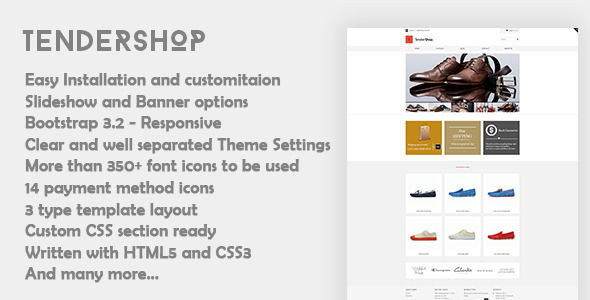 Tendershop by Ninetheme is a Shopify theme which features Retina display support, support for RTL languages, fully responsive layouts, search engine optimization, Google Fonts support, clean design, Bootstrap framework utilization and  minimal design.