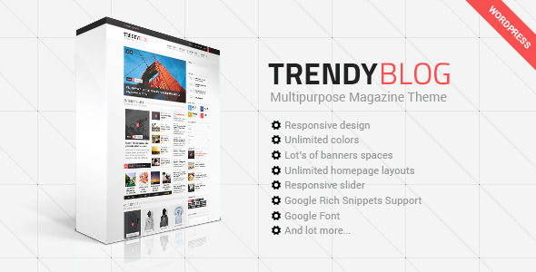 TrendyBlog by Different-themes is a news magazine WordPress theme with video support which features Retina display support, support for RTL languages, Mega Menu, one page layouts, fully responsive layouts, search engine optimization, Google Fonts support, Revolution Slider, WooCommerce integration, clean design, magazine style layouts and a grid layout.