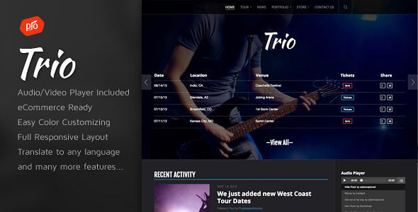 Trio by ProgressionStudios is a WordPress theme for bands which features Retina display support, fully responsive layouts, WooCommerce integration and can be used for your portfolio.