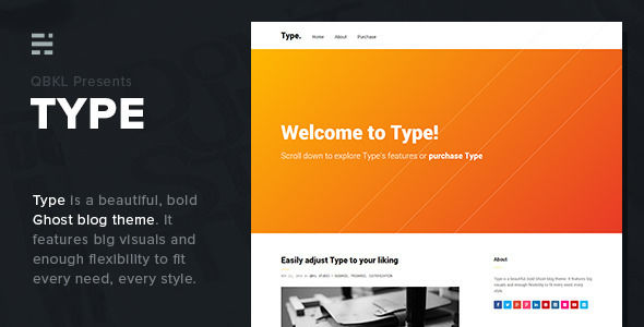 Type by QBKL is a Ghost theme which features fully responsive layouts, search engine optimization, clean design, Bootstrap framework utilization, bold design elements, a grid layout and  minimal design.