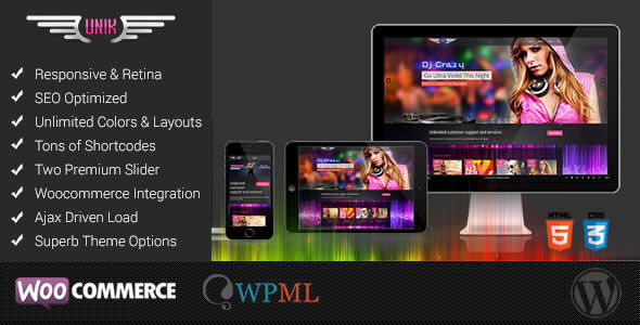 UNIK by Nitro_Themes is a WordPress music theme which features Retina display support, parallax elements, fully responsive layouts, search engine optimization, Google Fonts support, Revolution Slider, WooCommerce integration, Bootstrap framework utilization and can be used for your portfolio.
