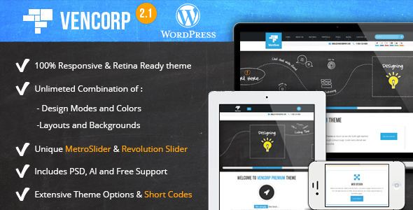 Vencorp by Iintellect is a WordPress theme which features Retina display support, parallax elements, one page layouts, fully responsive layouts, search engine optimization, Revolution Slider, clean design, Bootstrap framework utilization, can be used for your portfolio, magazine style layouts and corporate style visuals.