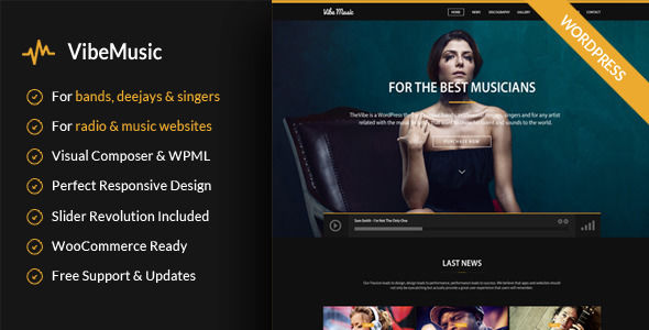 VibeMusic by ElephantThemes is a WordPress music theme which features fully responsive layouts, WooCommerce integration and Bootstrap framework utilization.