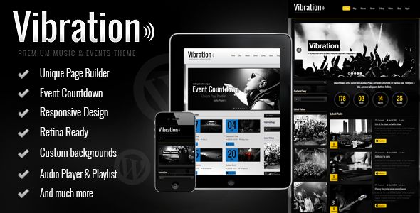 Vibration by Skyali is a WordPress music theme which features Retina display support, support for RTL languages, fully responsive layouts, Google Fonts support, Revolution Slider, WooCommerce integration and clean design.
