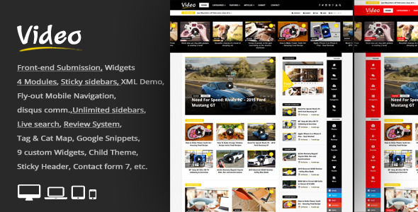 Video News by An-Themes is a niche WordPress theme with frontend submission functionality which features fully responsive layouts, search engine optimization, clean design, support for photo galleries, magazine style layouts, is great for your personal site and a grid layout.