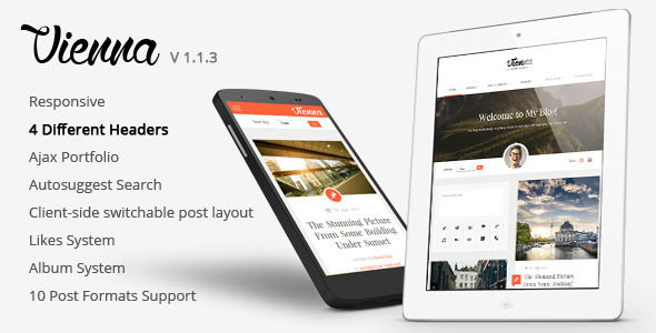 Vienna by Juarathemes is a niche WordPress theme with frontend submission functionality which features fully responsive layouts, search engine optimization, Google Fonts support, clean design, support for photo galleries, can be used for your portfolio, is great for your personal site, masonry post layouts and a grid layout.
