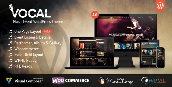 Vocal by Themeum is a WordPress music theme which features support for RTL languages, one page layouts, fully responsive layouts, WooCommerce integration, Bootstrap framework utilization and a grid layout.
