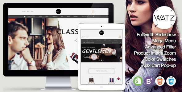 Watch Store Responsive Shopify Theme by Tvlgiao is a Shopify theme which features parallax elements, support for RTL languages, Mega Menu, fully responsive layouts, search engine optimization, Google Fonts support, WooCommerce integration, Bootstrap framework utilization and  minimal design.
