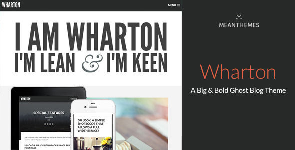 Wharton by Meanthemes is a Ghost theme which features fully responsive layouts, search engine optimization, clean design, support for photo galleries, blogging related layouts and optimizations, bold design elements and  flat design aesthetics.