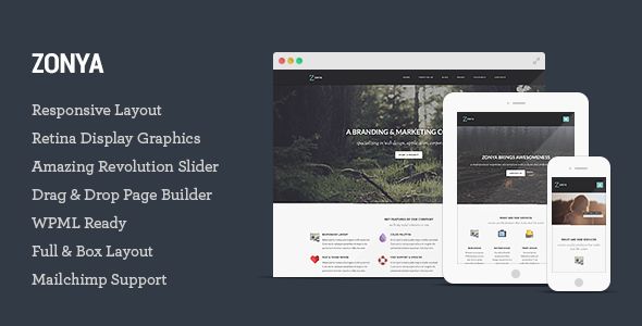Zonya by Tommusrhodus is a WordPress theme which features Retina display support, parallax elements, Mega Menu, one page layouts, fully responsive layouts, search engine optimization, Google Fonts support, Revolution Slider, WooCommerce integration, clean design, Bootstrap framework utilization, support for photo galleries, can be used for your portfolio, magazine style layouts, flat design aesthetics, masonry post layouts and a grid layout.