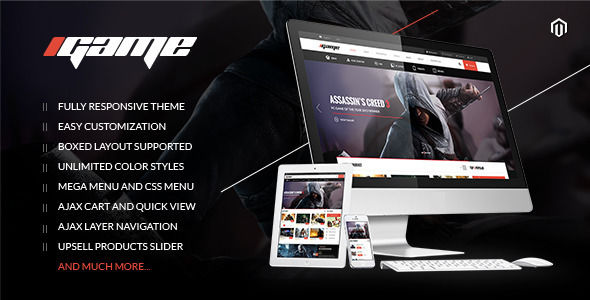 IGame by Magentech is a ecommerce theme for gaming stores which features Mega Menu, fully responsive layouts, search engine optimization, Google Fonts support, clean design and Bootstrap framework utilization.