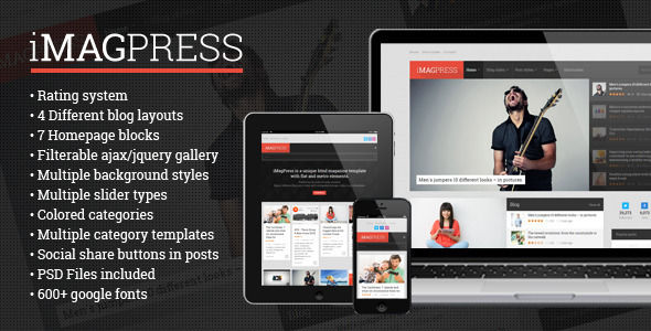 IMagPress by Different-themes is a news magazine WordPress theme with video support which features Retina display support, fully responsive layouts, Google Fonts support, Revolution Slider, WooCommerce integration, can be used for your portfolio, magazine style layouts and flat design aesthetics.