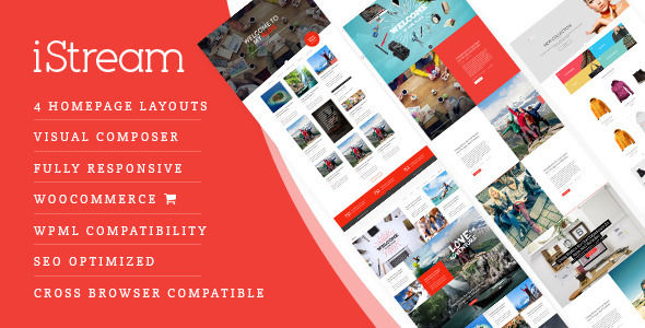 IStream by AVAThemes is a WordPress theme which features parallax elements, support for RTL languages, fully responsive layouts, search engine optimization, Google Fonts support, Revolution Slider, WooCommerce integration, clean design, Bootstrap framework utilization, can be used for your portfolio, blogging related layouts and optimizations, flat design aesthetics, masonry post layouts and a grid layout.