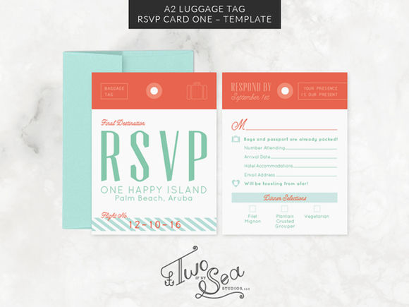 A Luggage Tag RSVP Card Template by TwoifbySeaStudios is available from CreativeMarket for $25.