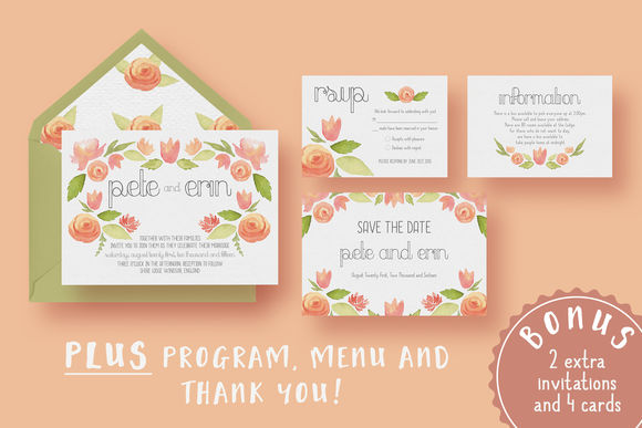 Garden Watercolour Wedding Suite by KnottedDesign is available from CreativeMarket for $20.