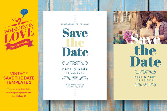 Vintage Save The Date Template by WhenImInLove is available from CreativeMarket for $7.