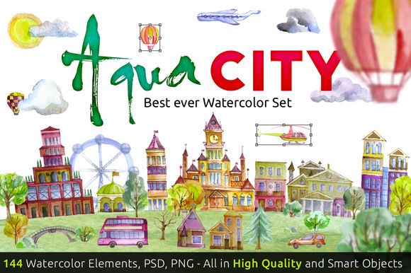 Watercolor Set AQUA CITY Constructor by Artmosfera is available from CreativeMarket for $12.
