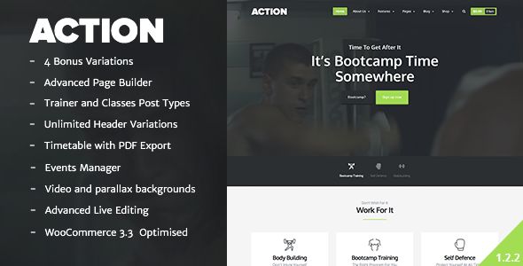 Action by Artillegence is a educational WordPress theme which features Retina display support, parallax elements, support for RTL languages, fully responsive layouts, search engine optimization, Revolution Slider, WooCommerce integration, Bootstrap framework utilization, can be used for your portfolio and flat design aesthetics.