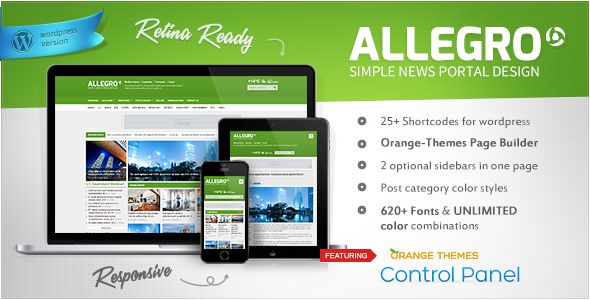 Allegro by Orange-themes is a news magazine WordPress theme which features one page layouts, fully responsive layouts, search engine optimization, Google Fonts support, Revolution Slider, clean design, magazine style layouts, blogging related layouts and optimizations, flat design aesthetics and minimal design.