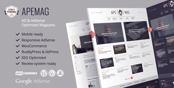 Apemag by StrictThemes is a news magazine WordPress theme which features Retina display support, fully responsive layouts, search engine optimization, Google Fonts support, WooCommerce integration, clean design, can be used for your portfolio and magazine style layouts.