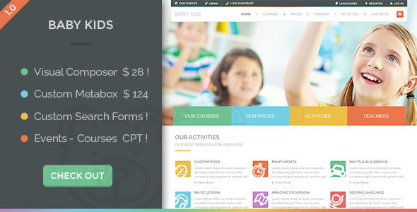 Baby Kids by Nicdark is a educational WordPress theme which features Retina display support, parallax elements, Mega Menu, fully responsive layouts, Google Fonts support, Revolution Slider, WooCommerce integration, clean design, Colorful, masonry post layouts and a grid layout.