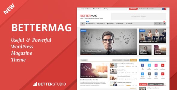 BetterMag by Better-Studio is a news magazine WordPress theme which features Retina display support, support for RTL languages, Mega Menu, fully responsive layouts, search engine optimization, Google Fonts support, Revolution Slider, WooCommerce integration, clean design, Bootstrap framework utilization, magazine style layouts, is great for your personal site and Colorful.