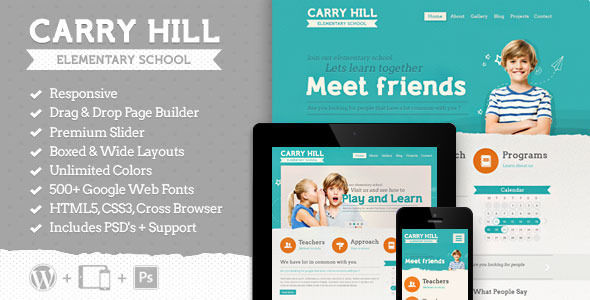 Carry Hill School by Aislin is a educational WordPress theme which features support for RTL languages, fully responsive layouts, Google Fonts support, Revolution Slider, can be used for your portfolio and Colorful.