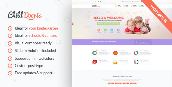 Child Dooris by ThemeEagle is a educational WordPress theme which features support for RTL languages, fully responsive layouts, search engine optimization, Google Fonts support, WooCommerce integration and Bootstrap framework utilization.