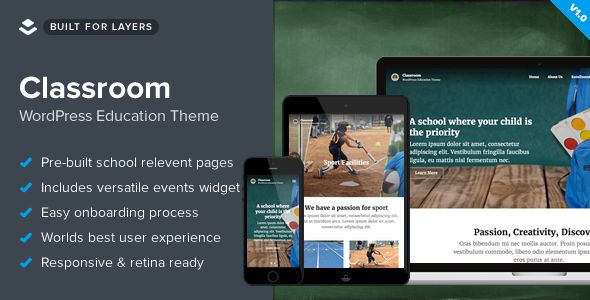Classroom by Obox is a educational WordPress theme which features support for RTL languages, fully responsive layouts, search engine optimization, Google Fonts support and WooCommerce integration.