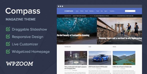 Compass by WPZOOM is a news magazine WordPress theme which features Retina display support, fully responsive layouts, search engine optimization and magazine style layouts.