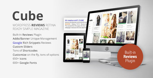 Cube by Mimo is a news magazine WordPress theme which features fully responsive layouts, Google Fonts support, Bootstrap framework utilization, support for photo galleries, magazine style layouts, is great for your personal site, flat design aesthetics, a grid layout and minimal design.
