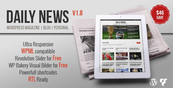 DAILYNEWS by BigBangThemes is a news magazine WordPress theme which features fully responsive layouts, Revolution Slider, clean design, Bootstrap framework utilization, can be used for your portfolio, magazine style layouts and is great for your personal site.