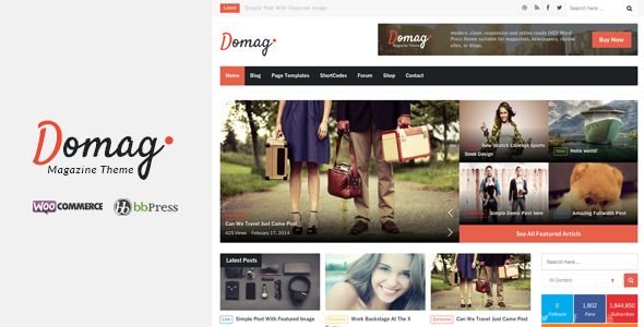 Domag L Flat Responsive Retina WordPress Magazine by LioIT is a news magazine WordPress theme which features Retina display support, support for RTL languages, fully responsive layouts, search engine optimization, Google Fonts support, WooCommerce integration, clean design, magazine style layouts, is great for your personal site, flat design aesthetics, a grid layout and minimal design.