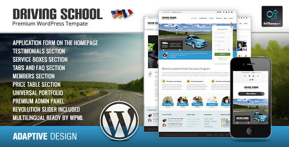 Driving School by Ait is a educational WordPress theme which features fully responsive layouts, Revolution Slider, WooCommerce integration, can be used for your portfolio, magazine style layouts, is great for your personal site, corporate style visuals and a grid layout.