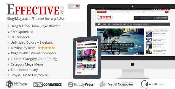 Effective News by Themelions-com is a news magazine WordPress theme which features support for RTL languages, Mega Menu, fully responsive layouts, search engine optimization, Google Fonts support, Revolution Slider, WooCommerce integration, clean design, magazine style layouts and masonry post layouts.