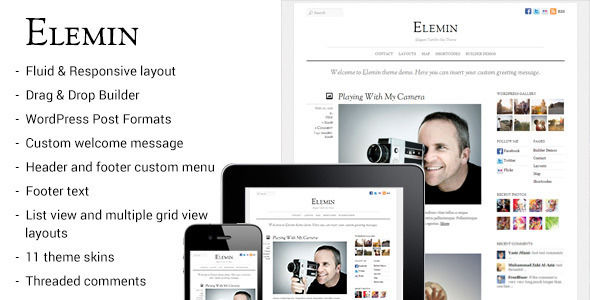 Elemin by Themify is a news magazine WordPress theme which features parallax elements, fully responsive layouts, search engine optimization, Google Fonts support, can be used for your portfolio, magazine style layouts, corporate style visuals, a grid layout and minimal design.