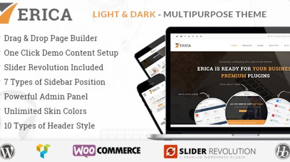 Erica by Kwayy is a great new WordPress theme which features Retina display support, support for RTL languages, Mega Menu, one page layouts, fully responsive layouts, search engine optimization, Revolution Slider, WooCommerce integration, clean design, can be used for your portfolio and corporate style visuals.