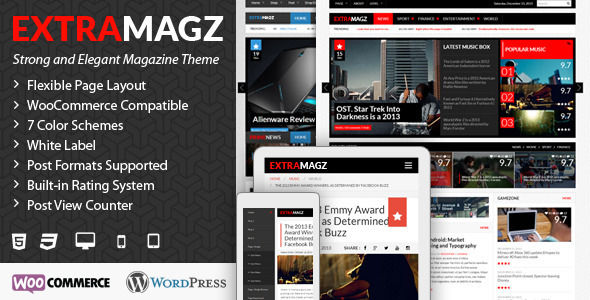 Extramagz by Envalabs is a news magazine WordPress theme which features support for RTL languages, fully responsive layouts, search engine optimization, Revolution Slider, WooCommerce integration, magazine style layouts, flat design aesthetics, masonry post layouts and a grid layout.