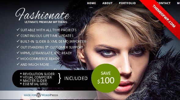 Fashionate by Themeofwp is a great new WordPress theme which features Retina display support, support for RTL languages, fully responsive layouts, Revolution Slider, WooCommerce integration, clean design, support for photo galleries, can be used for your portfolio, magazine style layouts, is great for your personal site, a grid layout and minimal design.