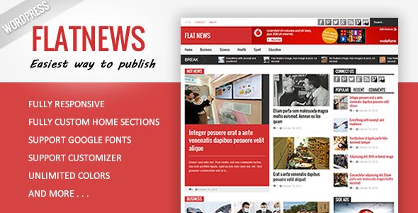 Flat News by Tiennguyenvan is a news magazine WordPress theme which features support for RTL languages, fully responsive layouts, Google Fonts support, clean design, magazine style layouts and flat design aesthetics.